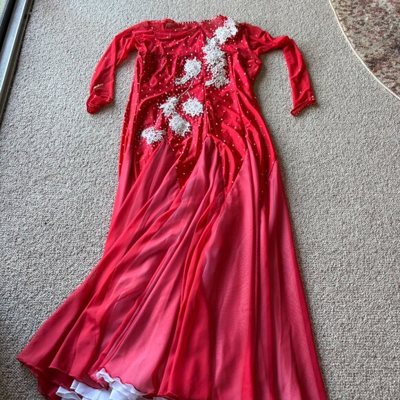 Red Sequin Lace Ballroom Dance Gown Mesh Sleeves L Holiday Glam Pageant Evening - Picture 11 of 16